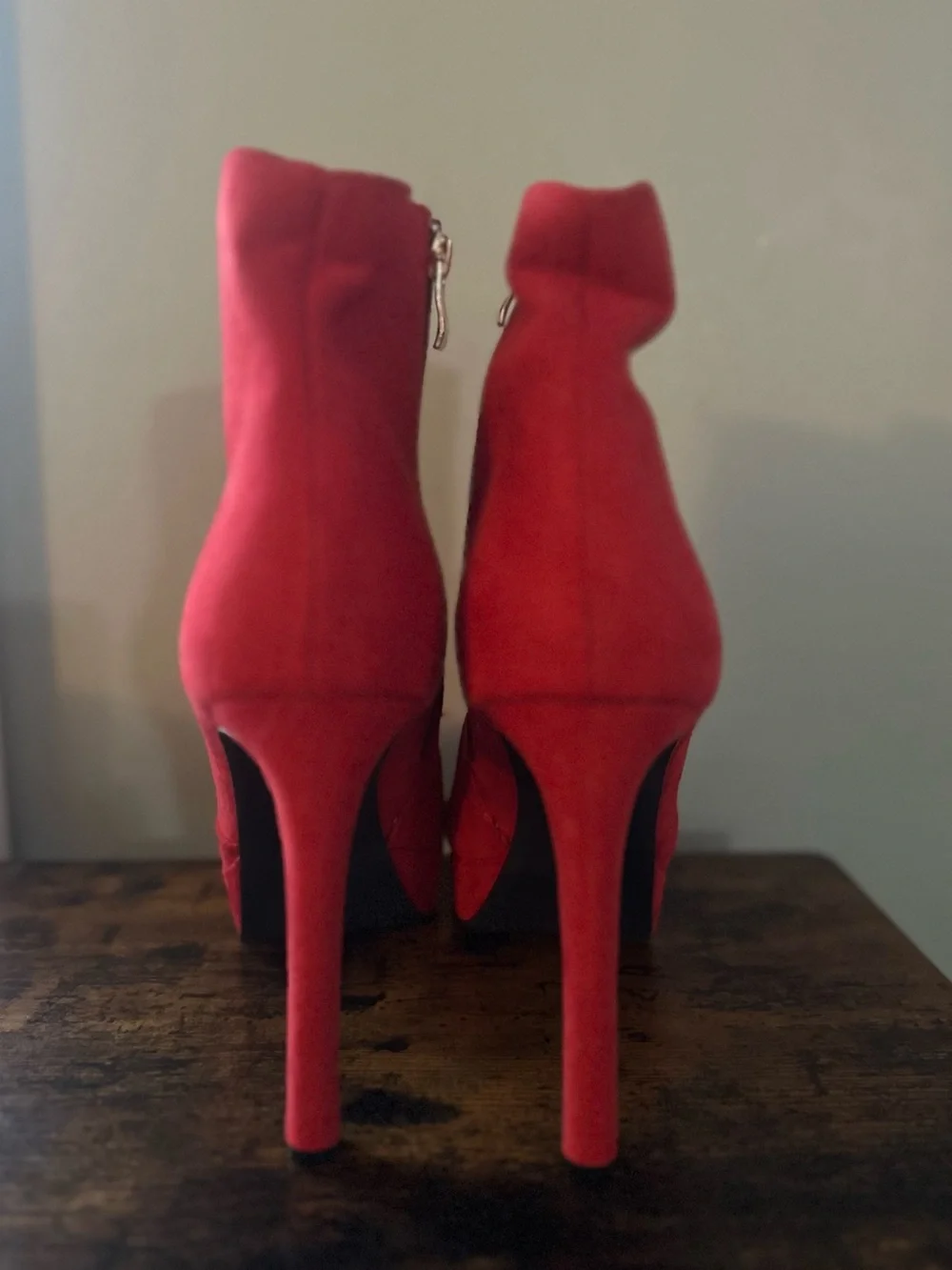 Shoe Dazzle red faux-suede platform stiletto ankle booties